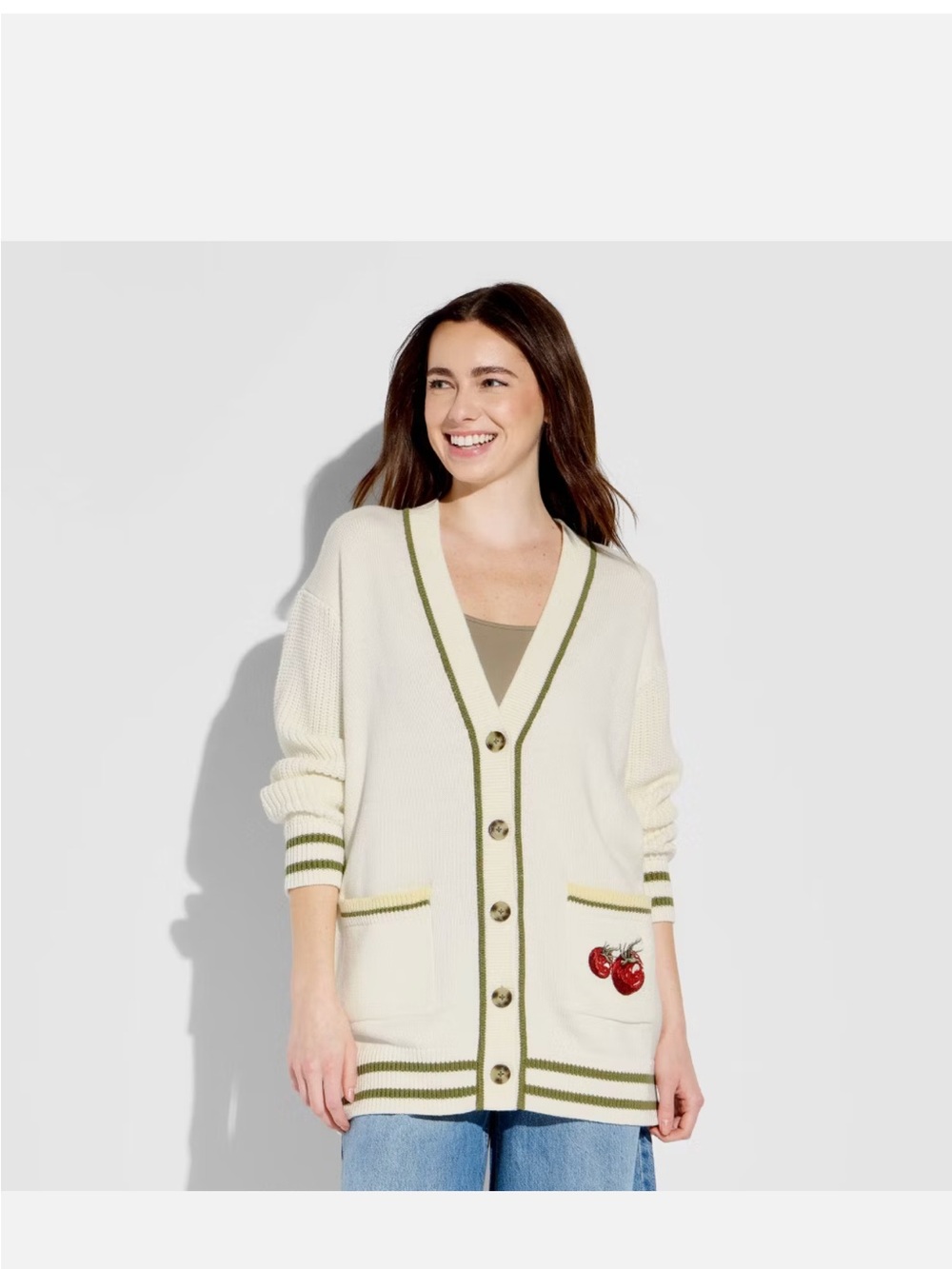 Oversized Cream Cardigan with Olive Trim and Tomato Graphic